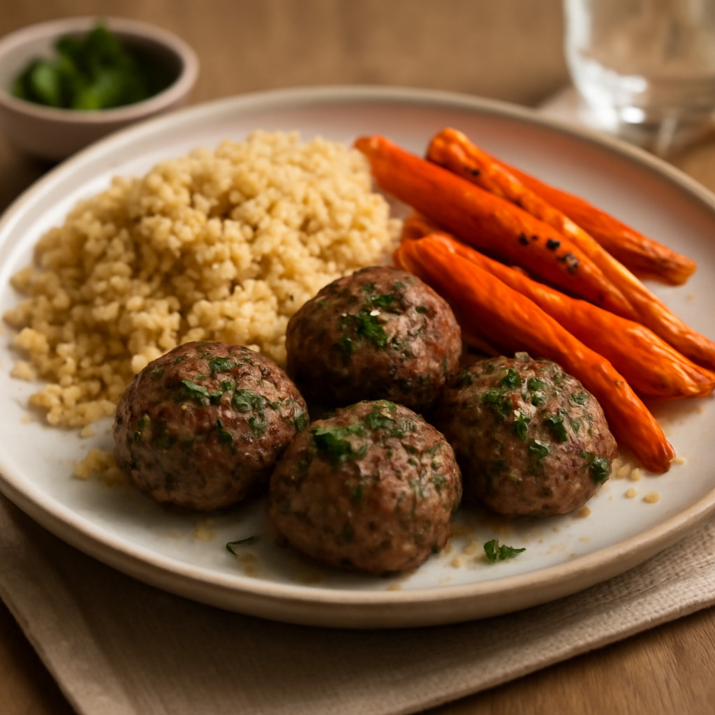 Photo du plat Keftas de bœuf aux herbes, boulgour et carottes rôties