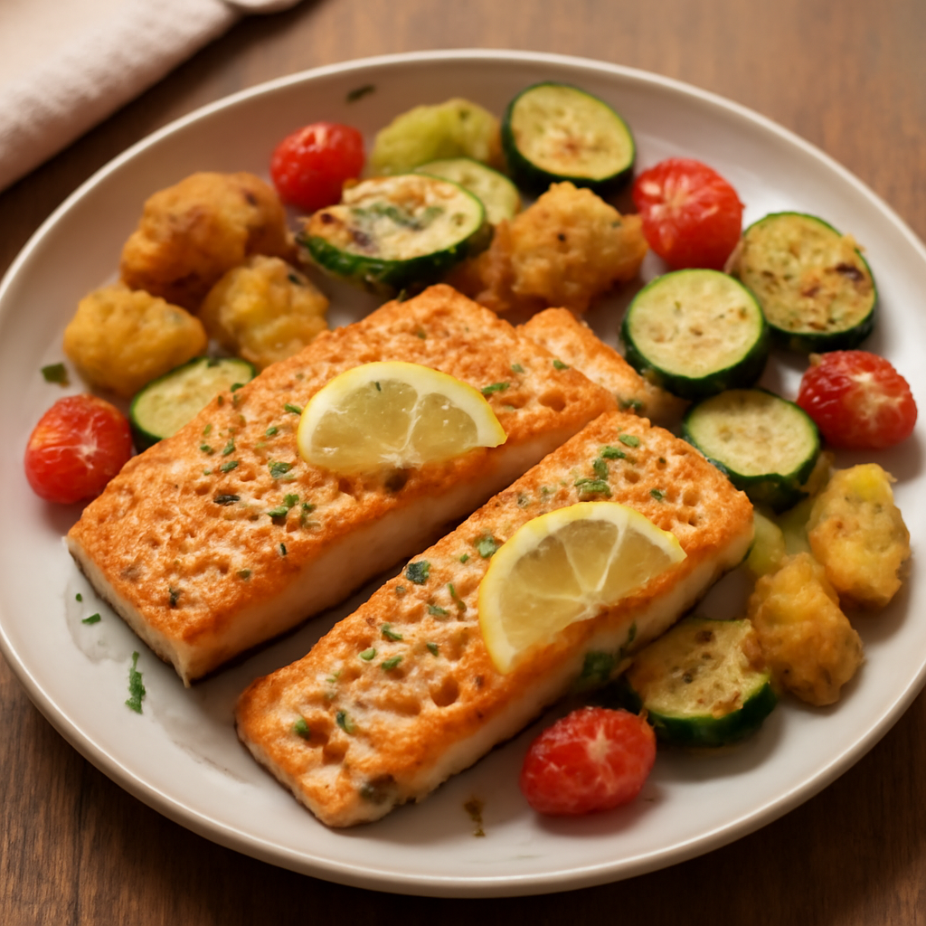 Photo du plat Plaque de saumon rôti, pommes de terre et courgettes au citron