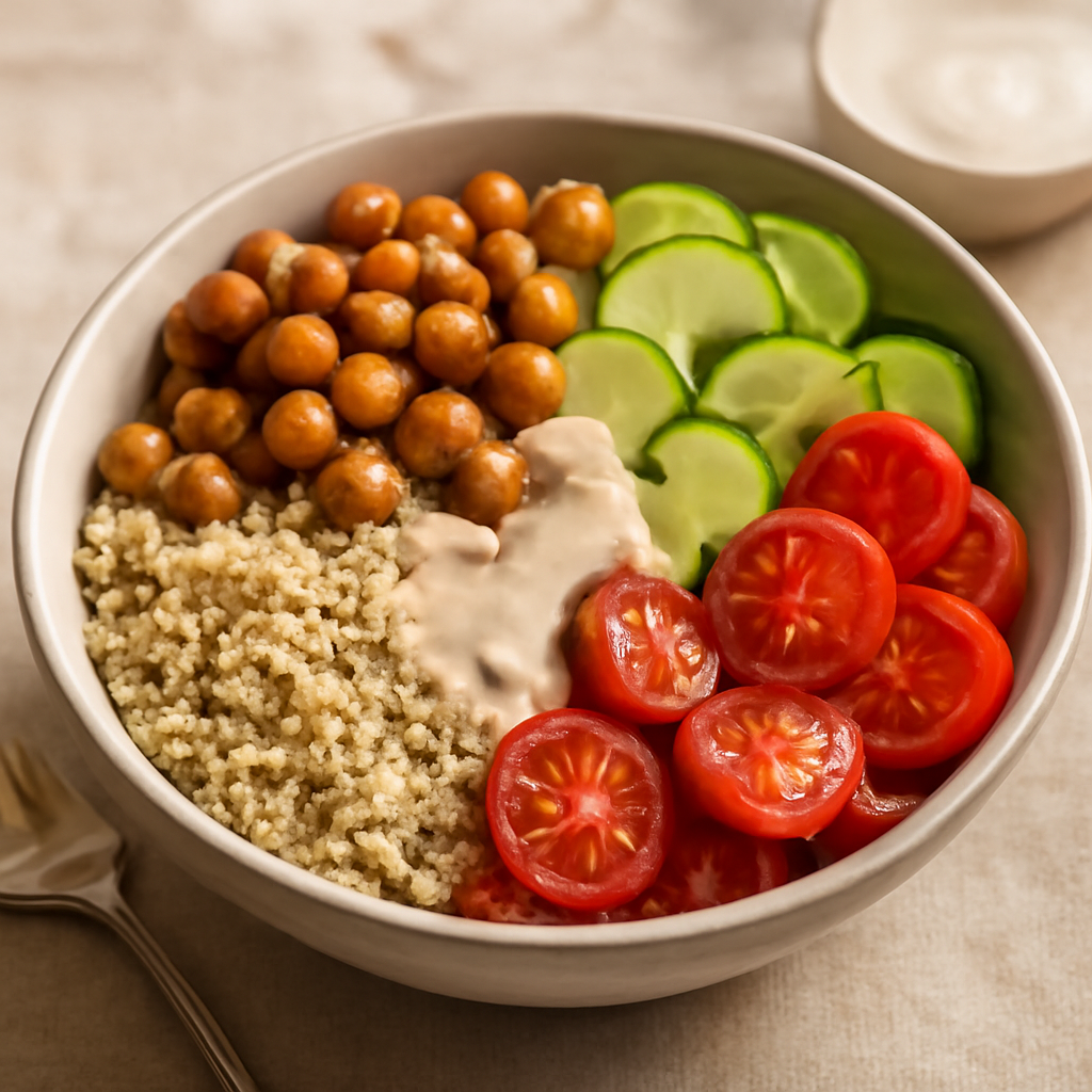 Photo du plat Bowl de quinoa, pois chiches rôtis et légumes croquants