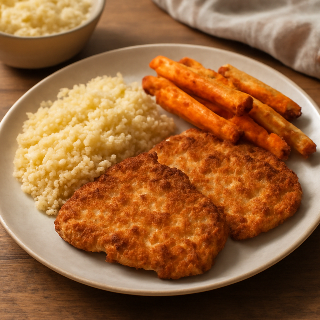 Photo du plat Schnitzels de poulet, semoule et carottes rôties